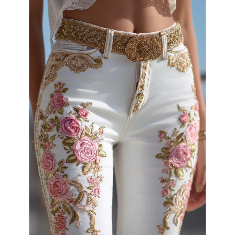 American Style Floral Print Straight Leg Denim Jeans