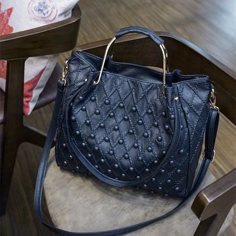 Soft Black Genuine Leather Rivet Large Handbag