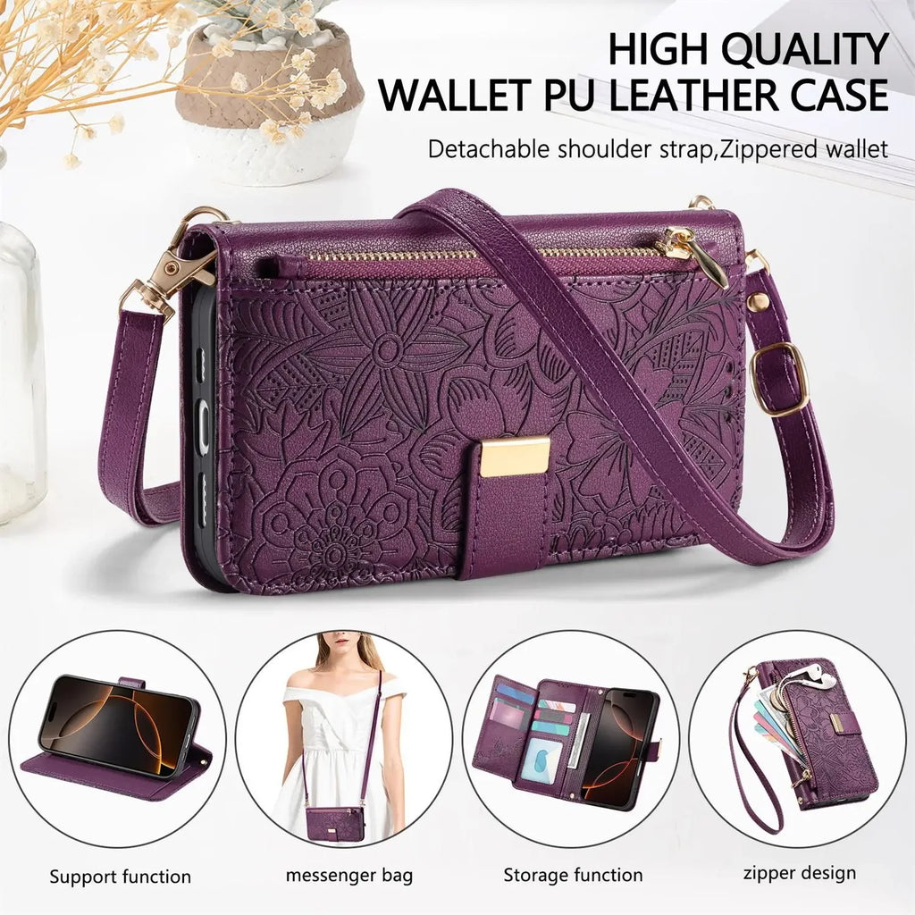 Leather Zipper Wallet Crossbody iPhone Case