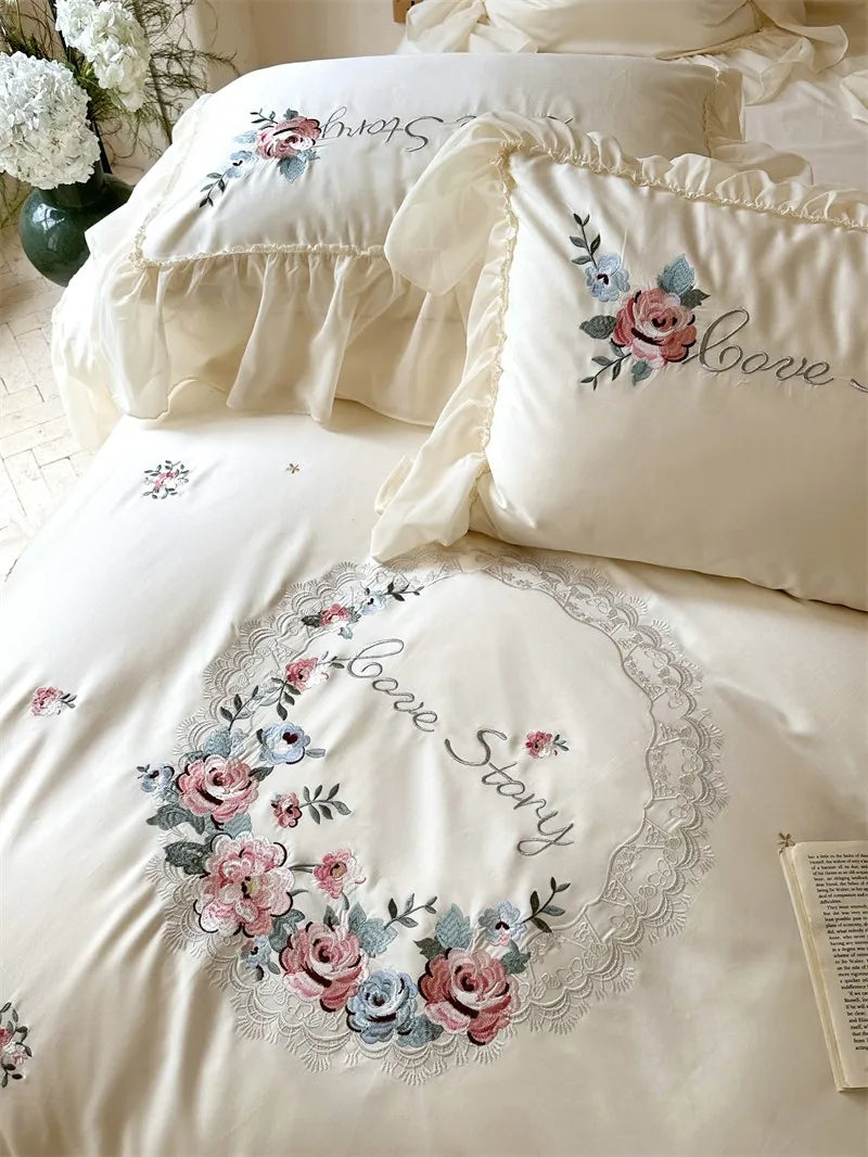 100% Egyptian Cotton Floral Embroidery Luxurious Bedding Set