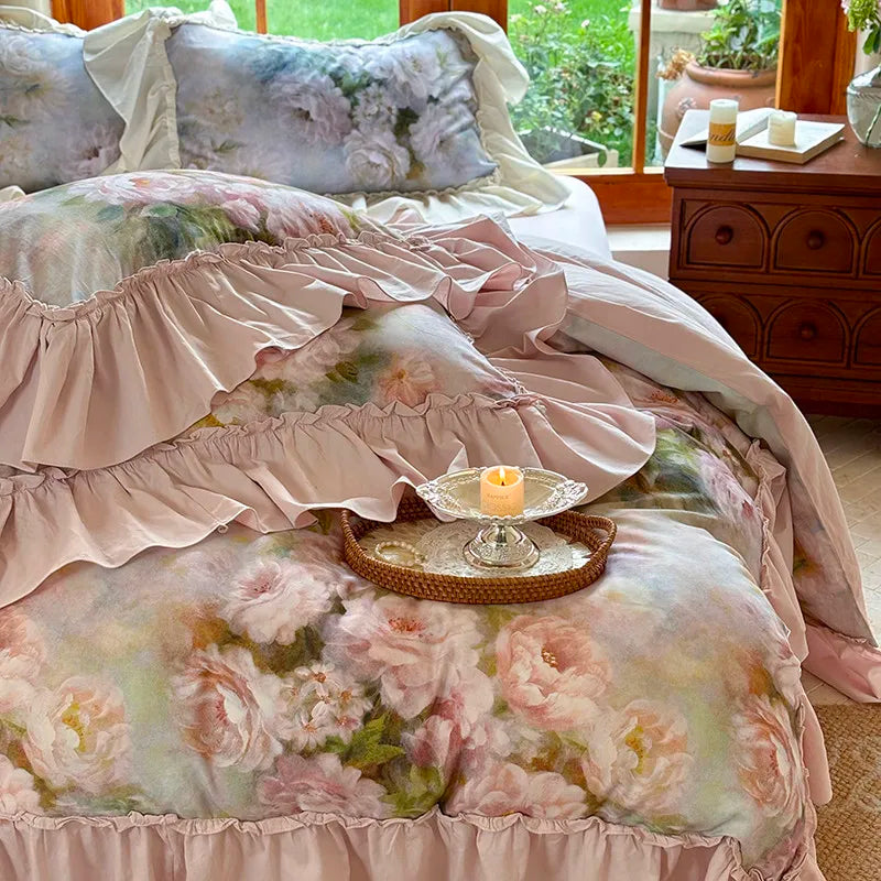 Luxurious  Chic Vintage Rose French Ruffle Fringe Bedding Set 100% Cotton