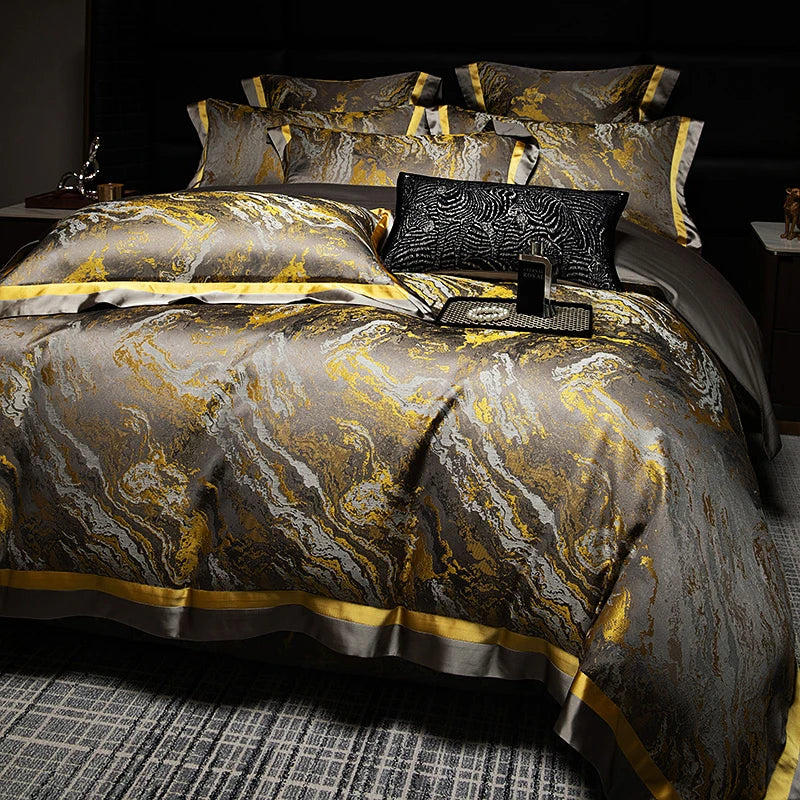 Luxury Black Gold Satin Jacquard Bedding Set 1000TC Cotton