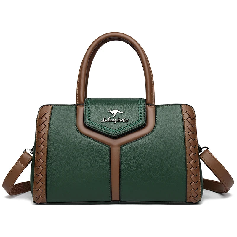 Two Color Genuine Soft Leather 3-layer Top-Handle Bag