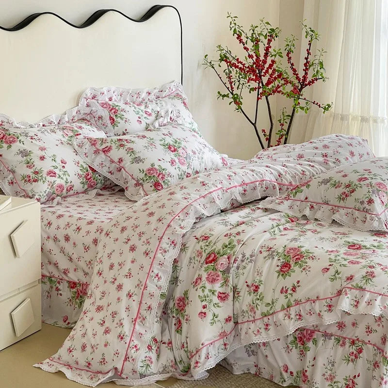Elegant Ruffle Elegant Vintage Floral Bedding Set 100% Cotton