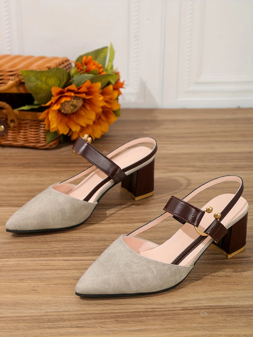Two-Color Pointed Toe Block Sandals