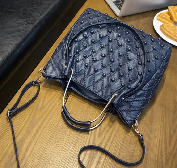 Soft Black Genuine Leather Rivet Large Handbag