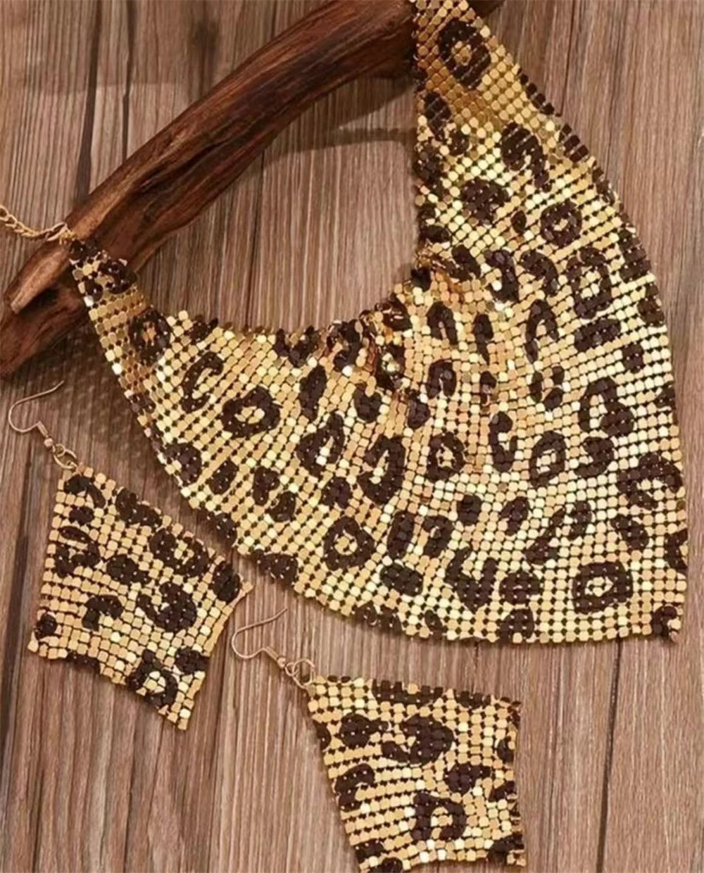 Vintage Leopard Print Necklase and Earrings Jewelry Set