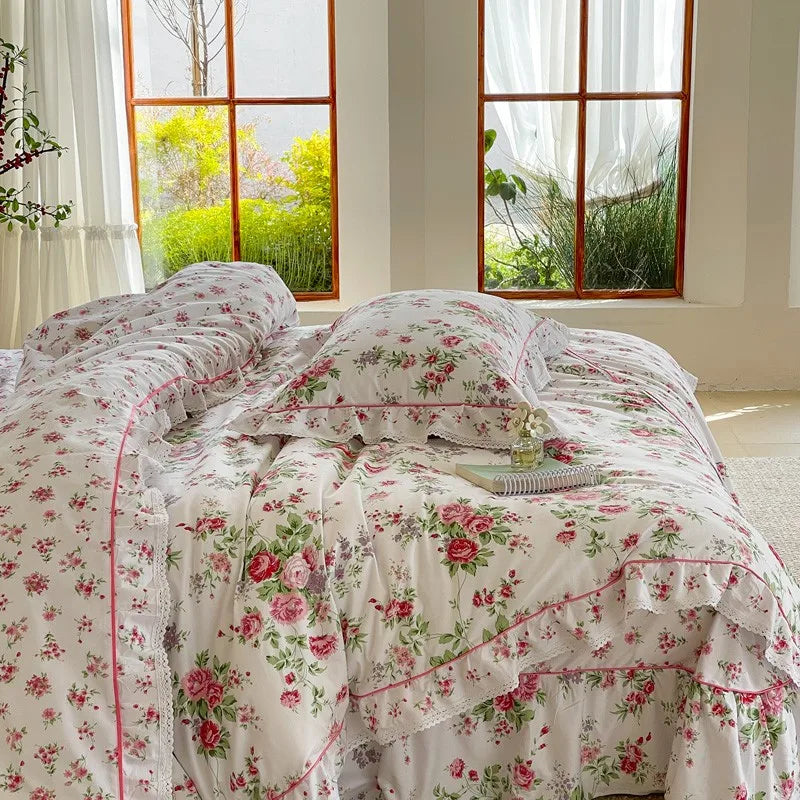 Elegant Ruffle Elegant Vintage Floral Bedding Set 100% Cotton