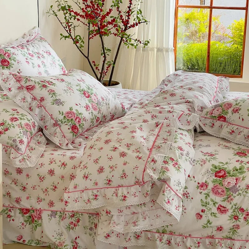 Elegant Ruffle Elegant Vintage Floral Bedding Set 100% Cotton