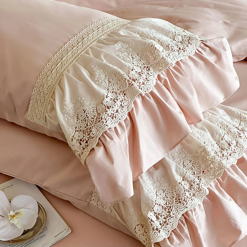 Elegant French Lace Ruffle Bedding Set 100% Cotton