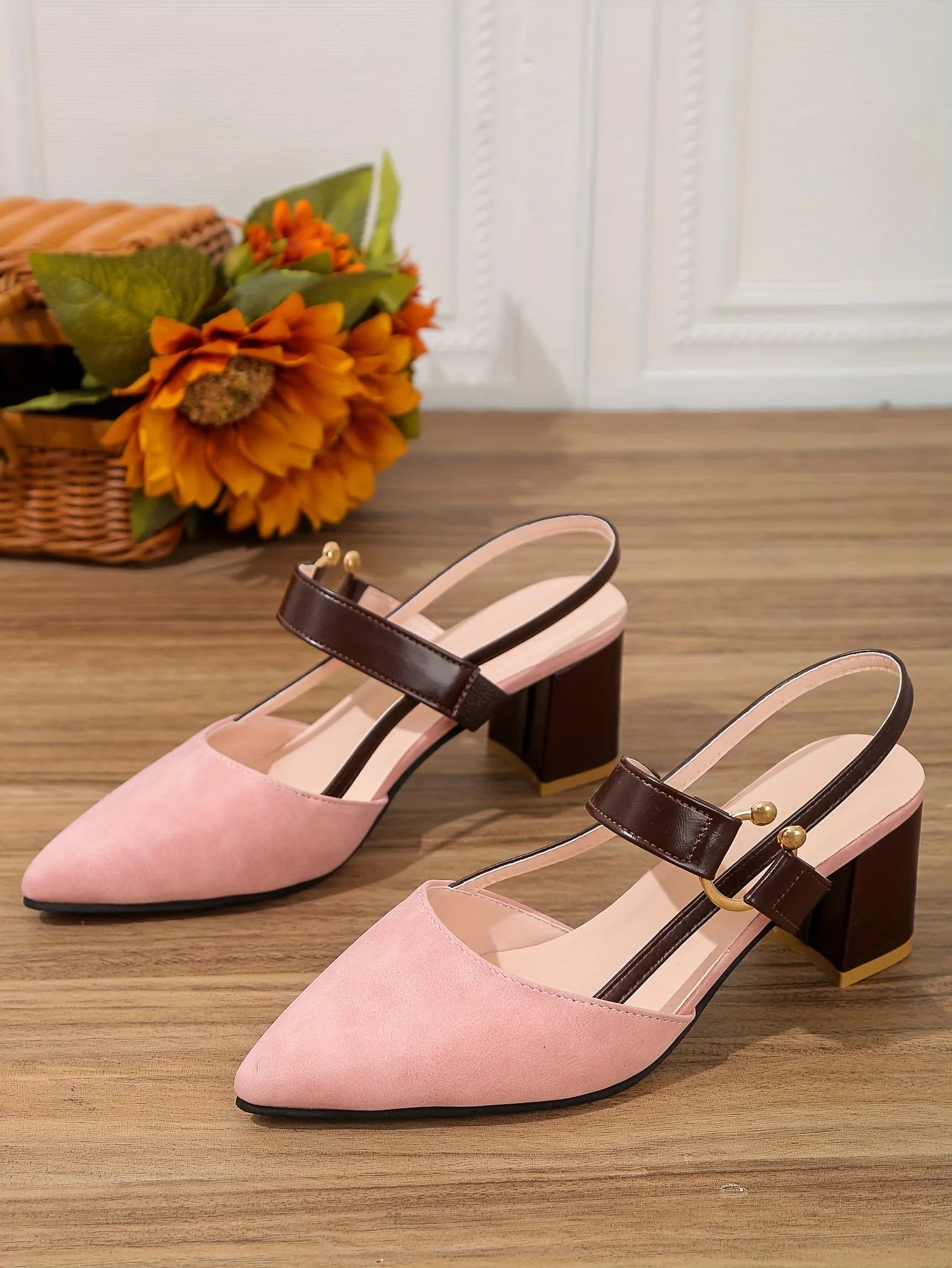 Two-Color Pointed Toe Block Sandals