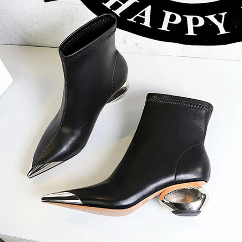 Metal Pointed Toes Ankle  Boots With Hollow Heel Iron Head