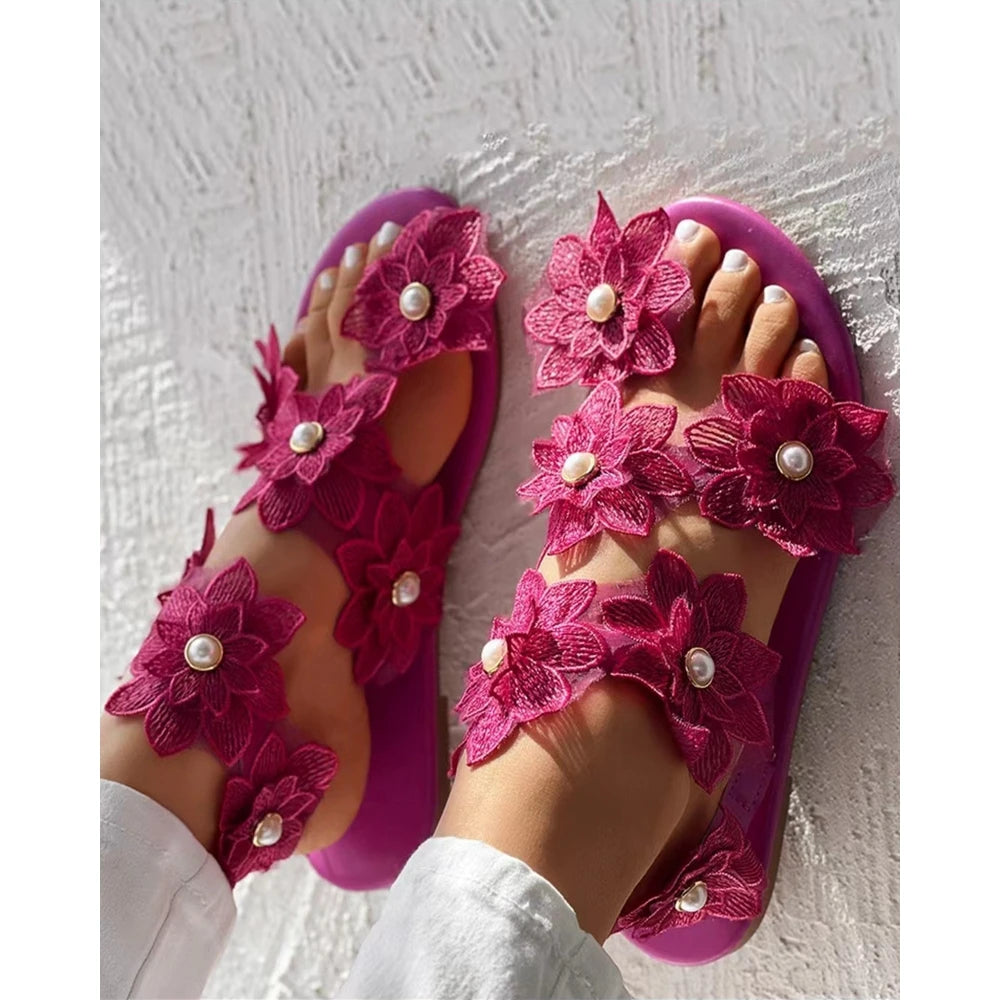 Beautiful Summer Ring Flower Flat Sandals