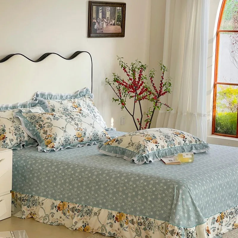 Elegant Ruffle Elegant Vintage Floral Bedding Set 100% Cotton
