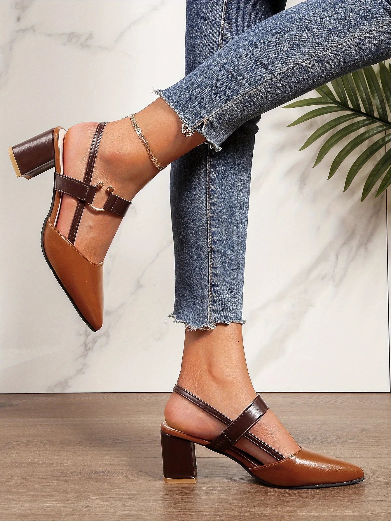 Two-Color Pointed Toe Block Sandals