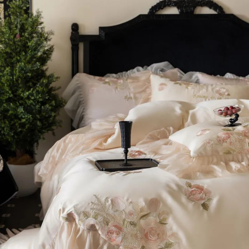 Beautiful Flowers Embroidery Ruffle Bedding Set 100% Cotton