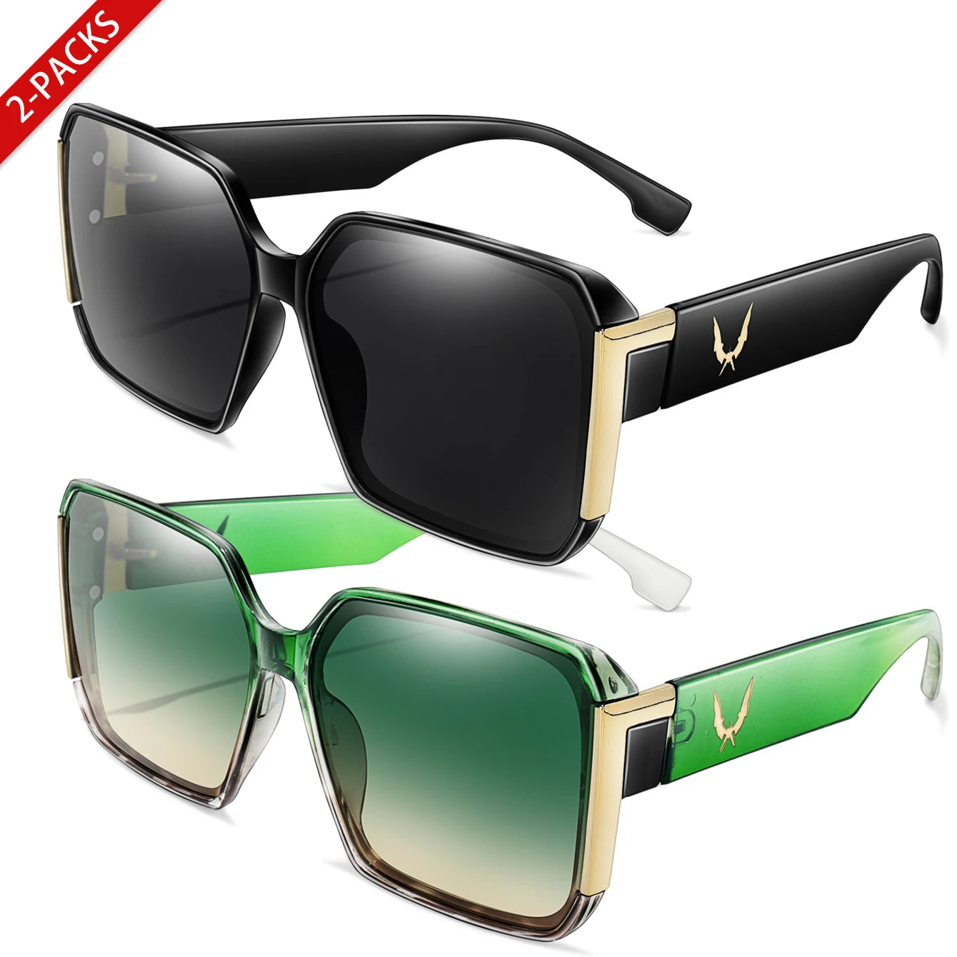 Elegant 2 Packs Unisex Square Sunglasses With UV Protection