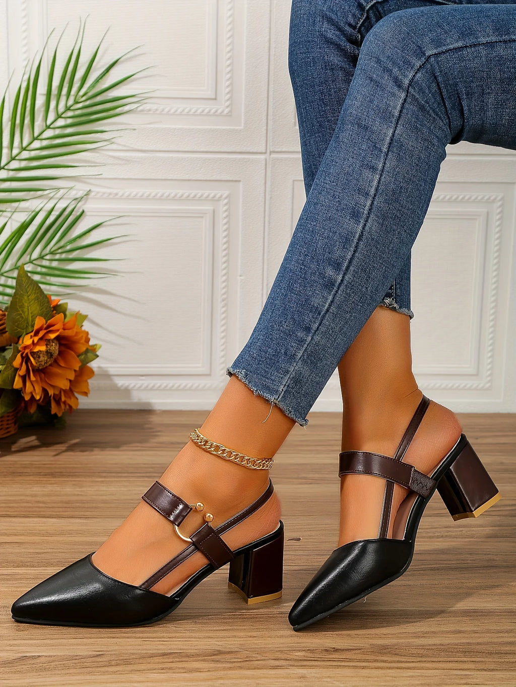 Two-Color Pointed Toe Block Sandals