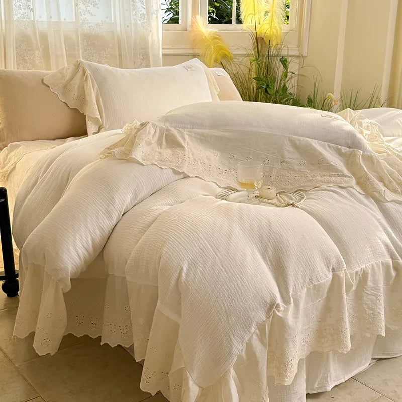 Elegant Wide Lace Solid Bedding Set