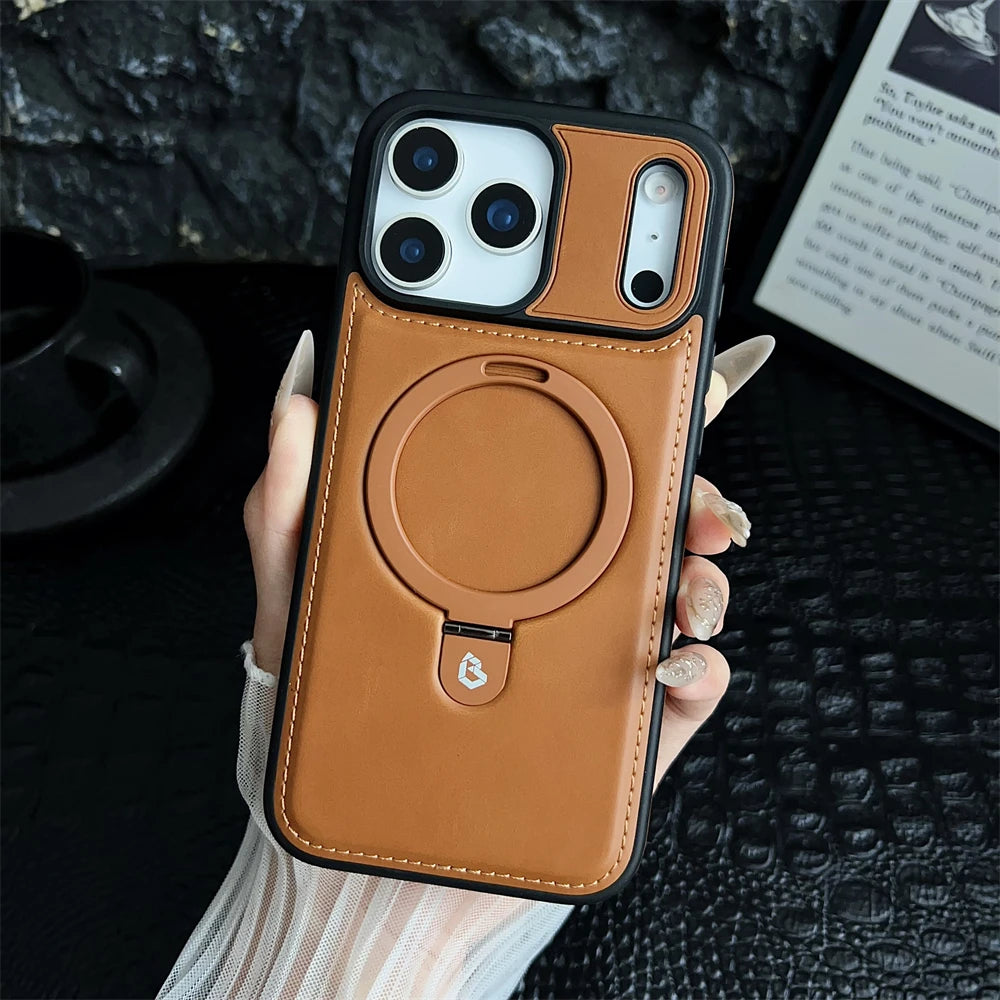 MagSafe PU Leather Ring Stand Case for iPhone
