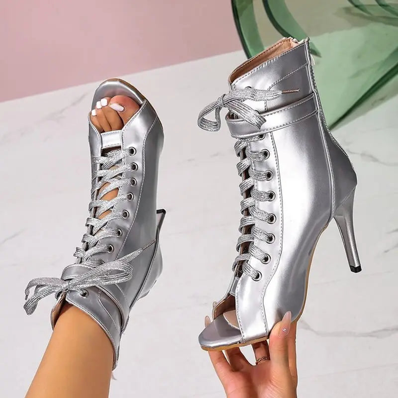Women’s Silver Leather Peep Toe Ankle Boots