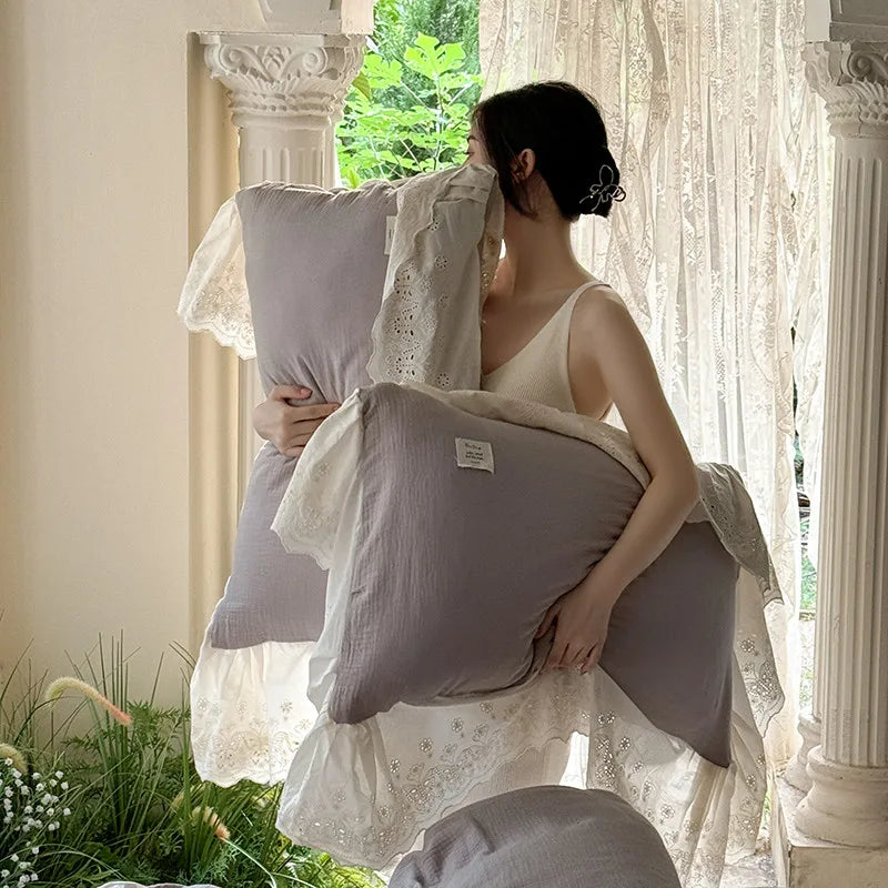 Elegant Wide Lace Solid Bedding Set