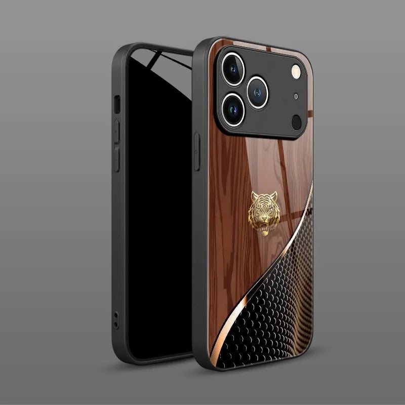 Wood Grain Tiger Head Pattern Tempered Phone Case For iPhone