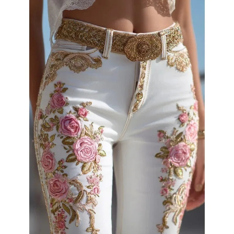 American Style Floral Print Straight Leg Denim Jeans