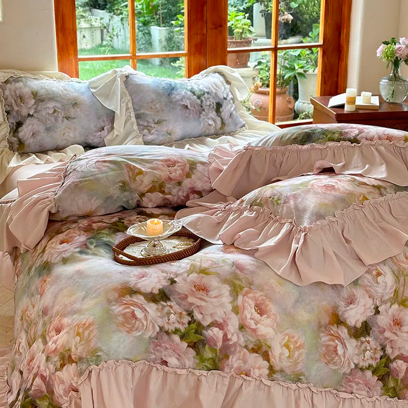 Luxurious  Chic Vintage Rose French Ruffle Fringe Bedding Set 100% Cotton