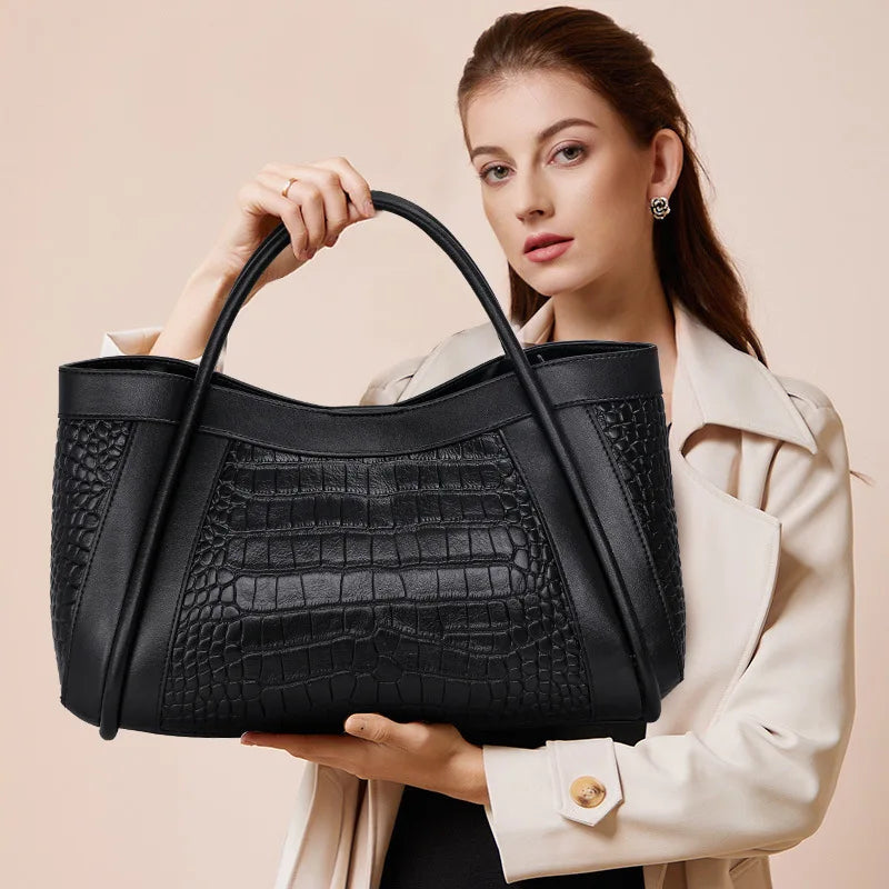 Oversized Crocodile Pattern Leather Tote Shoulder Bag