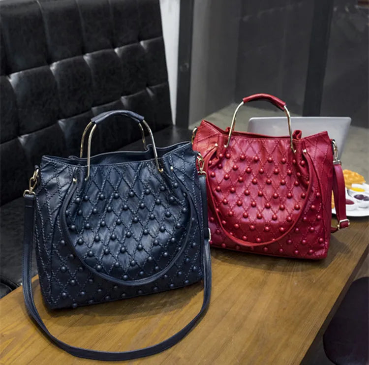 Soft Black Genuine Leather Rivet Large Handbag