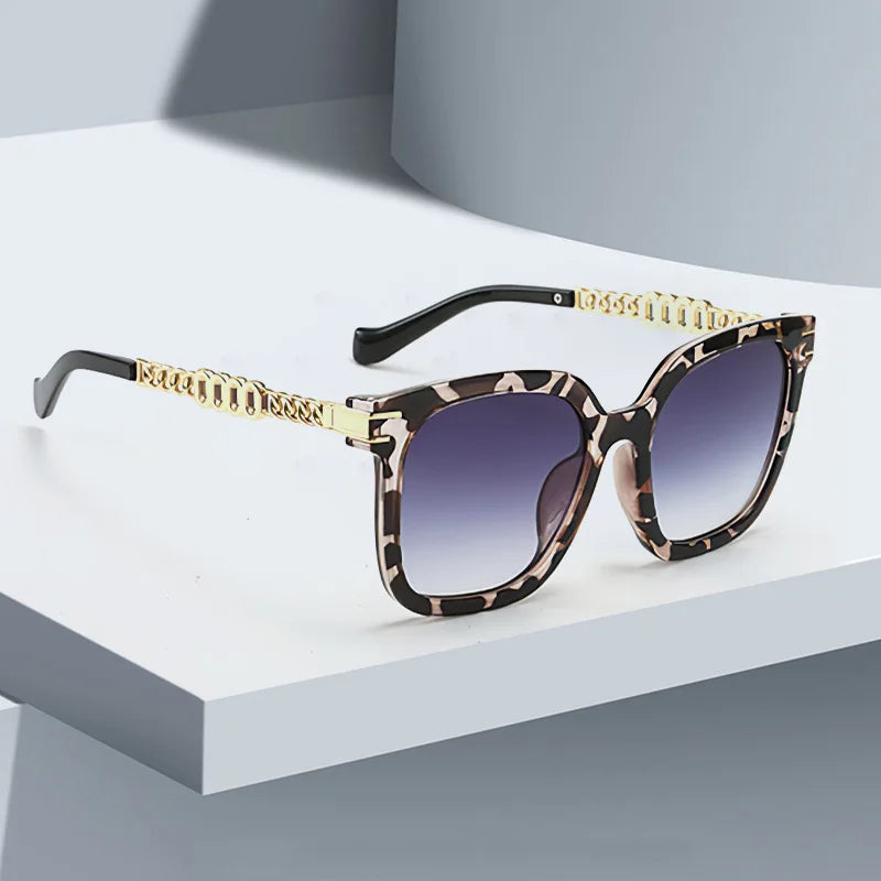 Vintage Golden Chain Embellished Black Square Sunglasses
