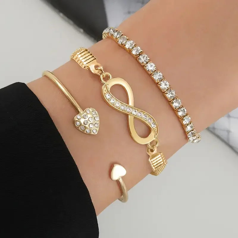 3pcs/Set Vintage Crystal Rhinestone Heart Bracelets