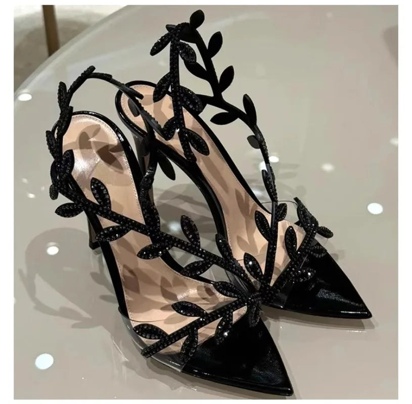 Summer Crystal Rhinestone Leaf High Heels Sandals
