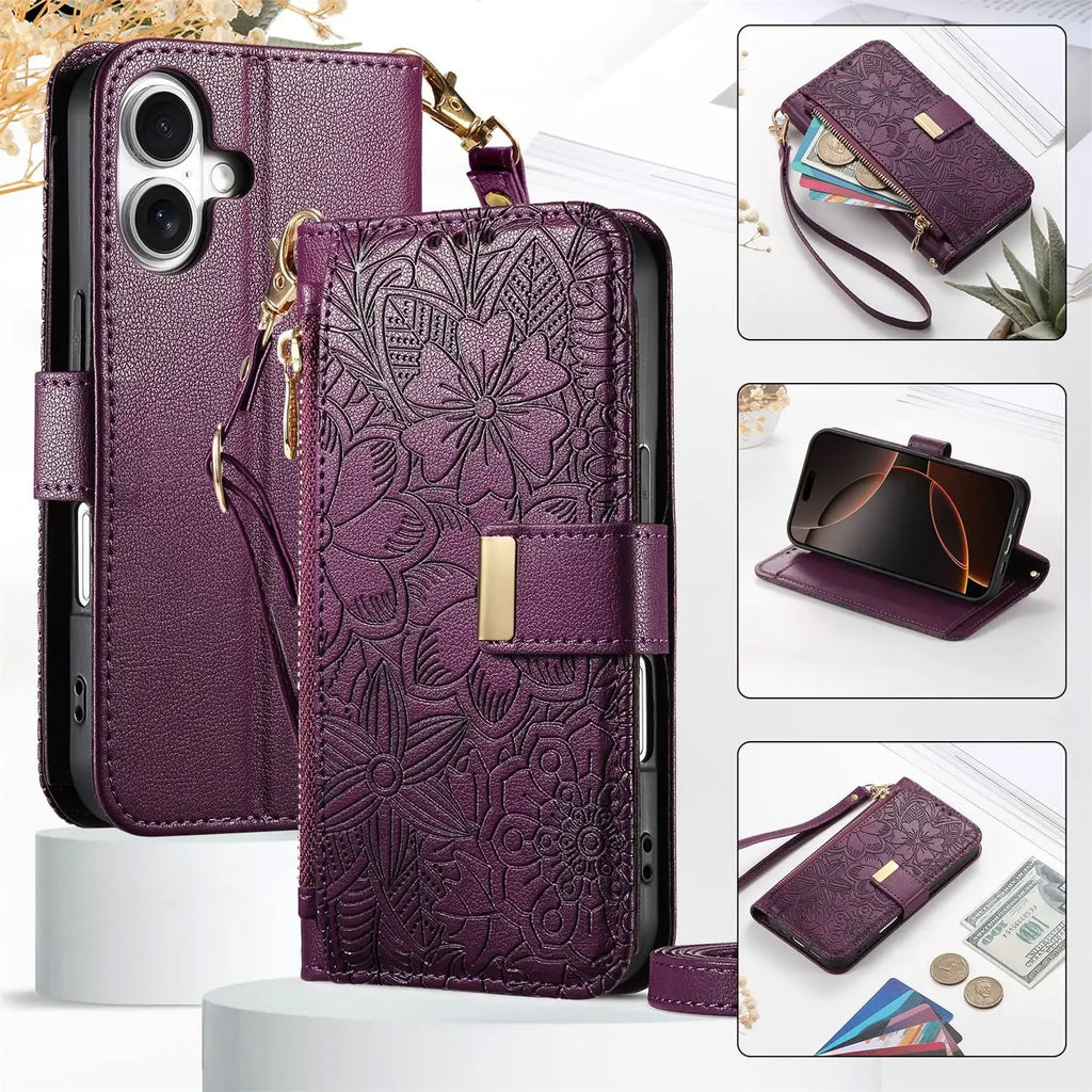 Leather Zipper Wallet Crossbody iPhone Case