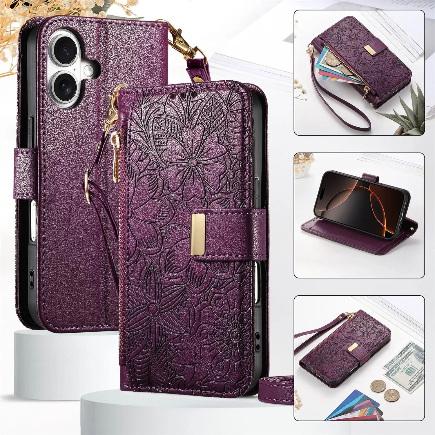 Leather Zipper Wallet Crossbody iPhone Case