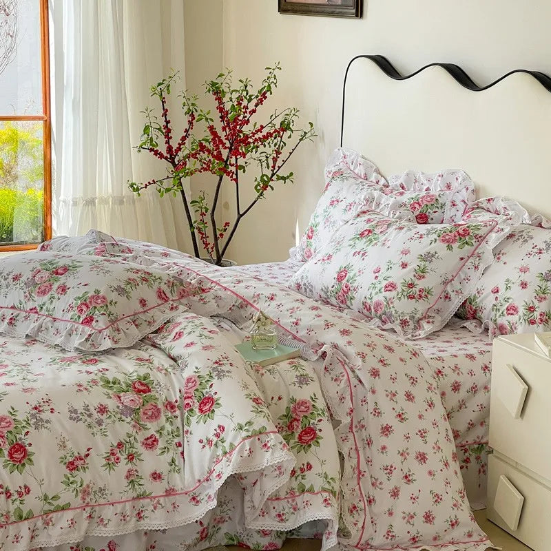 Elegant Ruffle Elegant Vintage Floral Bedding Set 100% Cotton