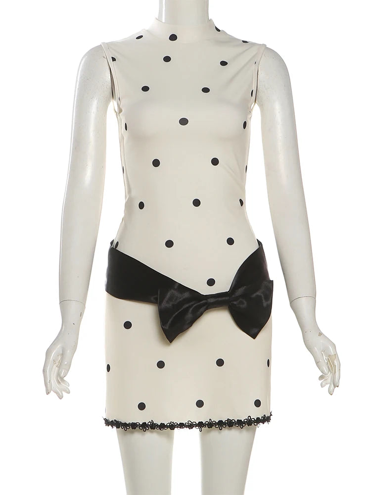 Chic Polka Dot Bodycon Dress Sleeveless Lace Bow