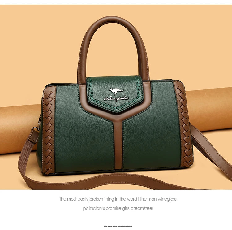 Two Color Genuine Soft Leather 3-layer Top-Handle Bag