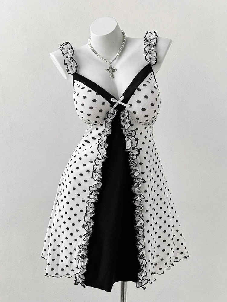 Polka Dot Ruffle Trim Bow Front Cami Mini Dress