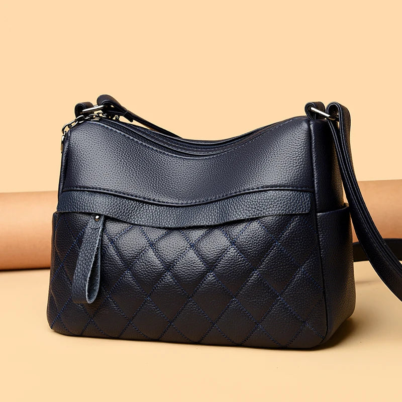 Checker Style Genuine Soft Leather Shoulder Bag