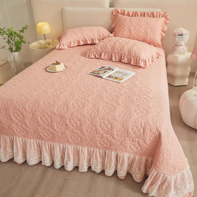 Floral Embossed White Lace Coverlet Bedspread with 2 Pcs Pillow Shams