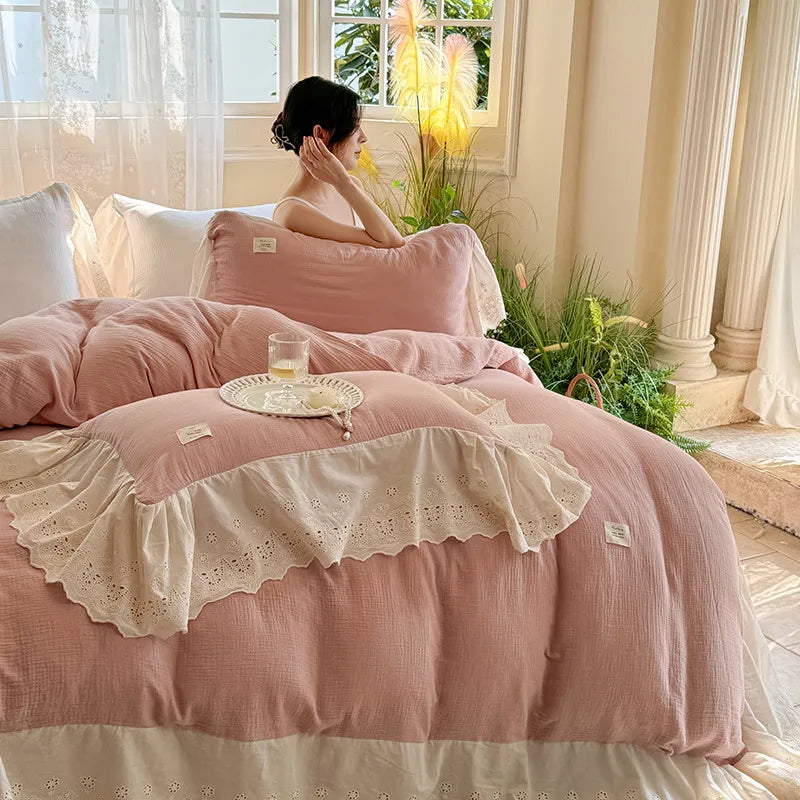 Elegant Wide Lace Solid Bedding Set