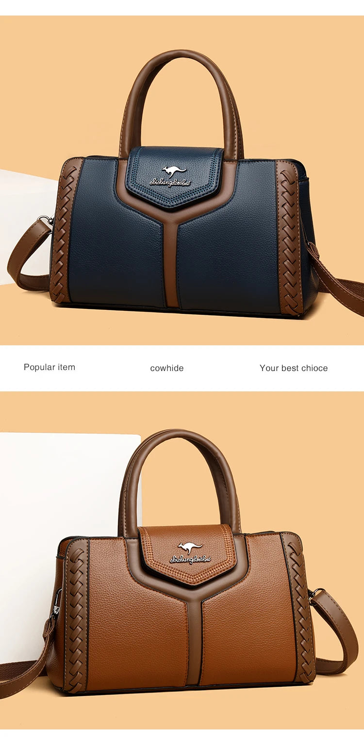 Two Color Genuine Soft Leather 3-layer Top-Handle Bag
