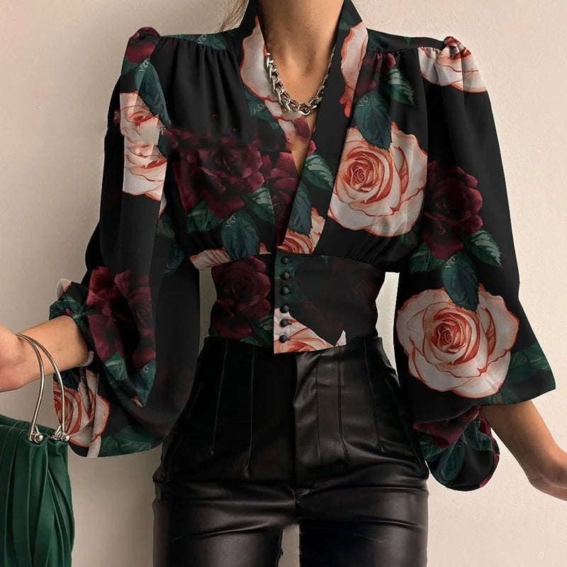 Elegant Lantern Long Sleeve  V-neck Blouse