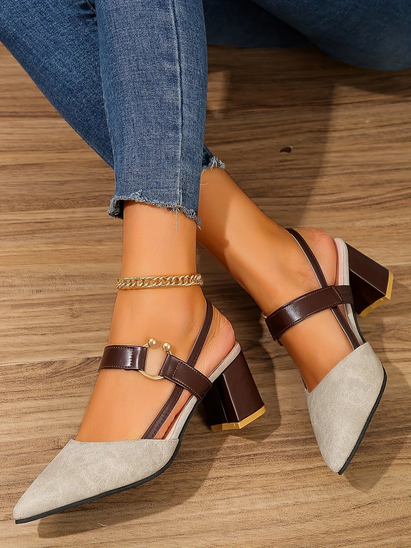 Two-Color Pointed Toe Block Sandals