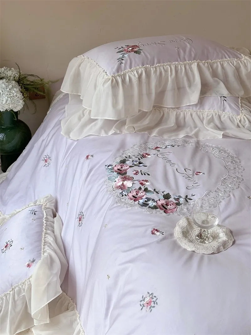 100% Egyptian Cotton Floral Embroidery Luxurious Bedding Set