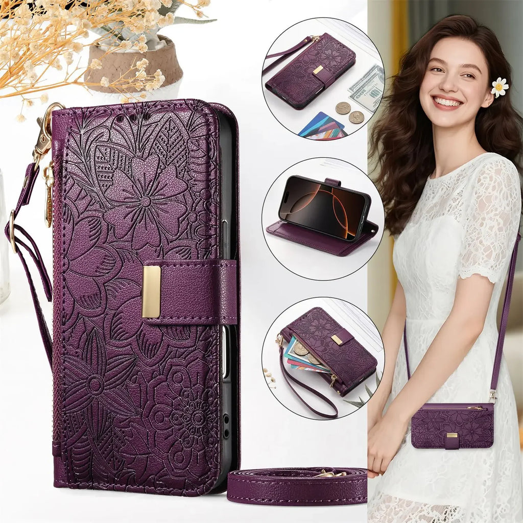 Leather Zipper Wallet Crossbody iPhone Case