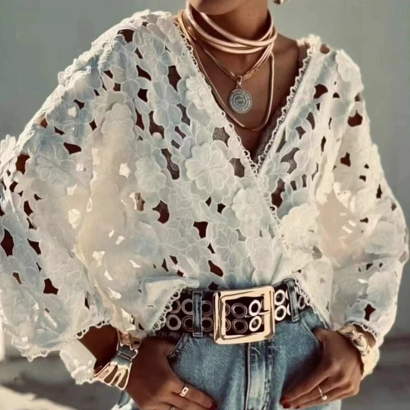 Summer Floral Hollow Out Lace Loose Women's Shirt