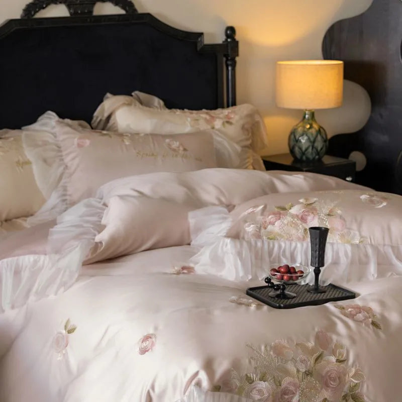 Beautiful Flowers Embroidery Ruffle Bedding Set 100% Cotton